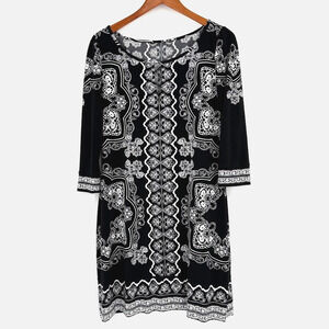 Black White Scroll Print Sheath Dress Small 3/4 Sleeve Stretch